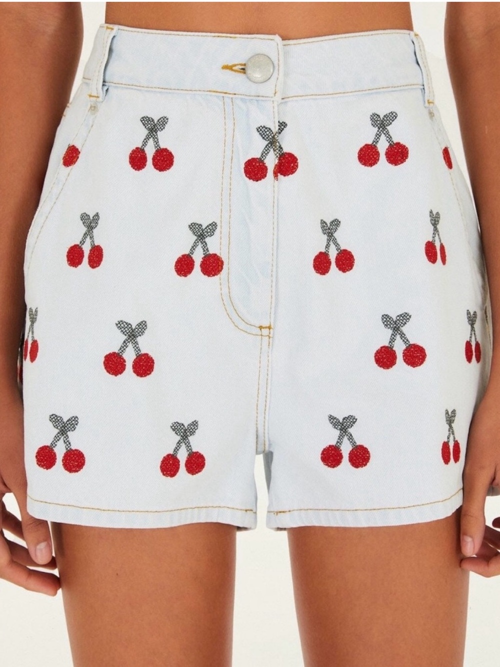 NEW FARM RIO embroidered cherry denim shorts in blue Size 26